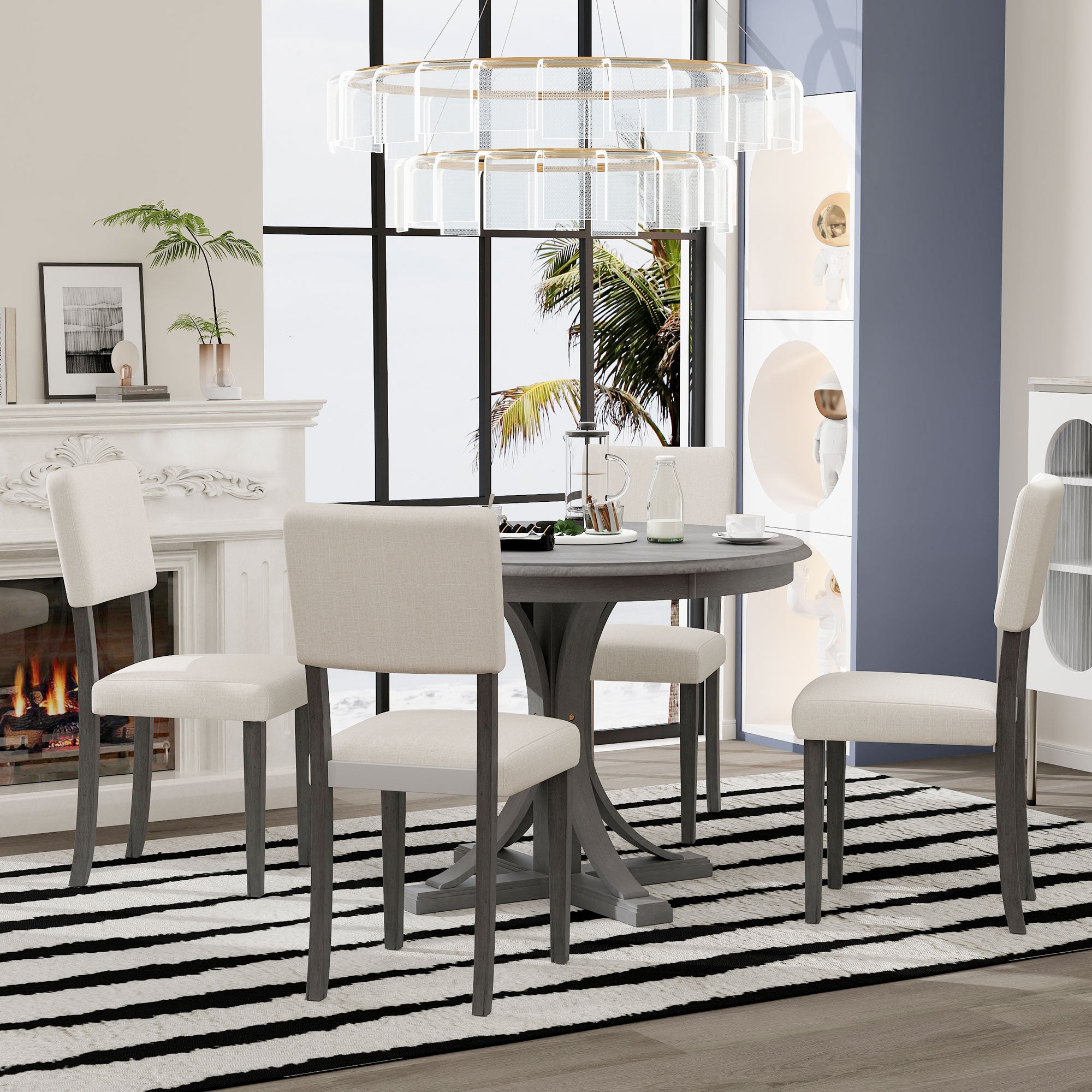 5-Piece Retro Round Dining Table Set – Dark Gray