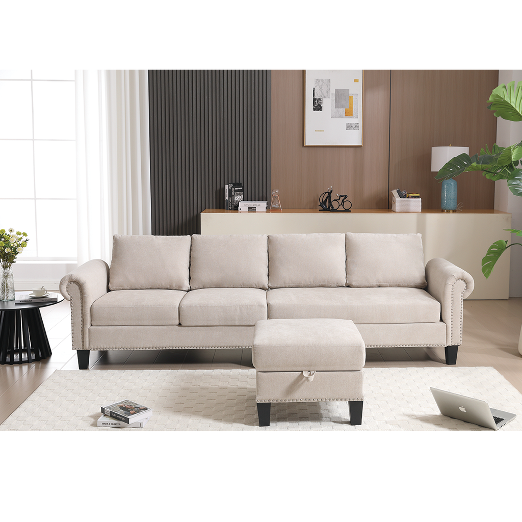 4-Seater L-Shaped Sectional Sofa with Storage – Beige