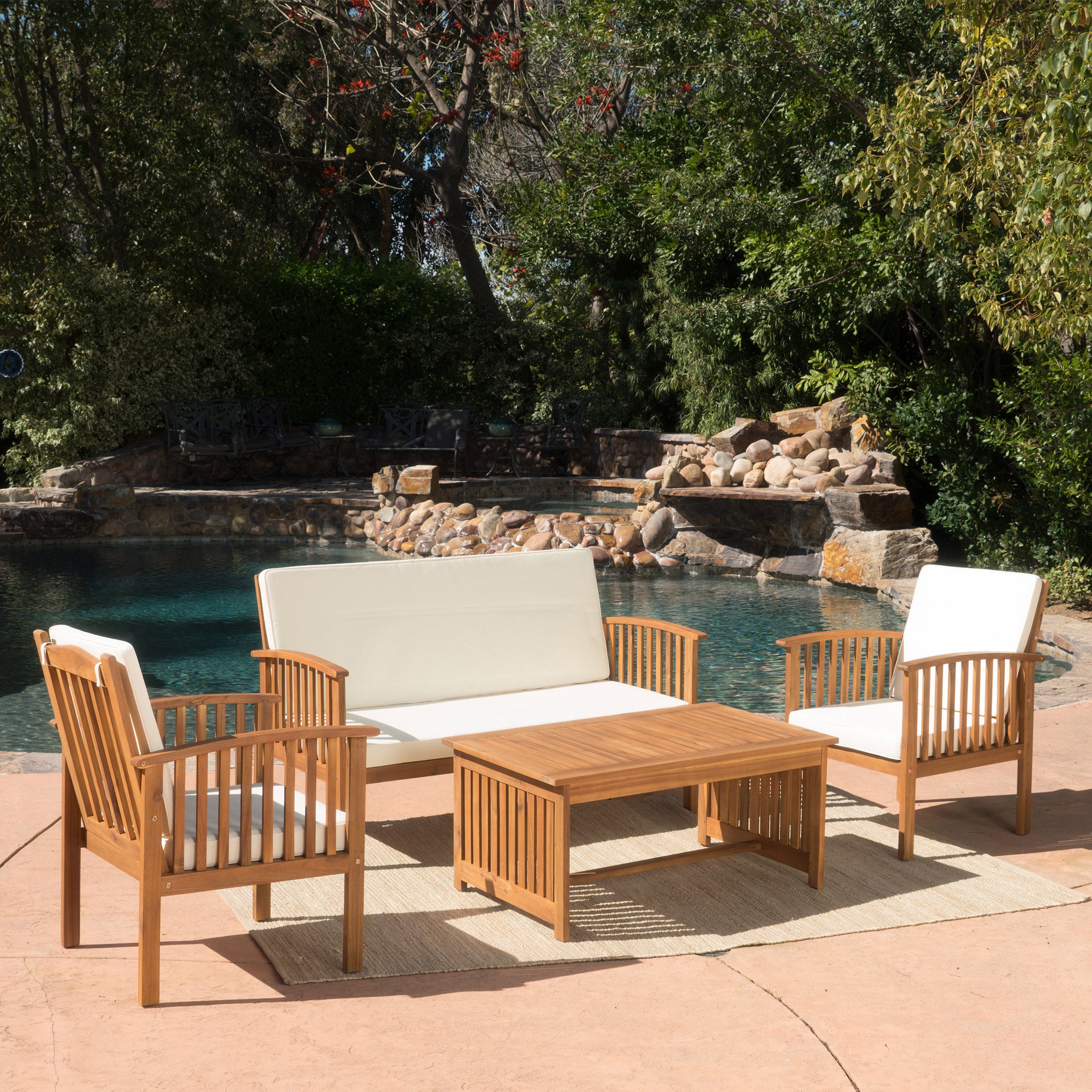 4-Piece Outdoor Pool Set – Table, 2 Chairs & Loveseat | Acacia Wood