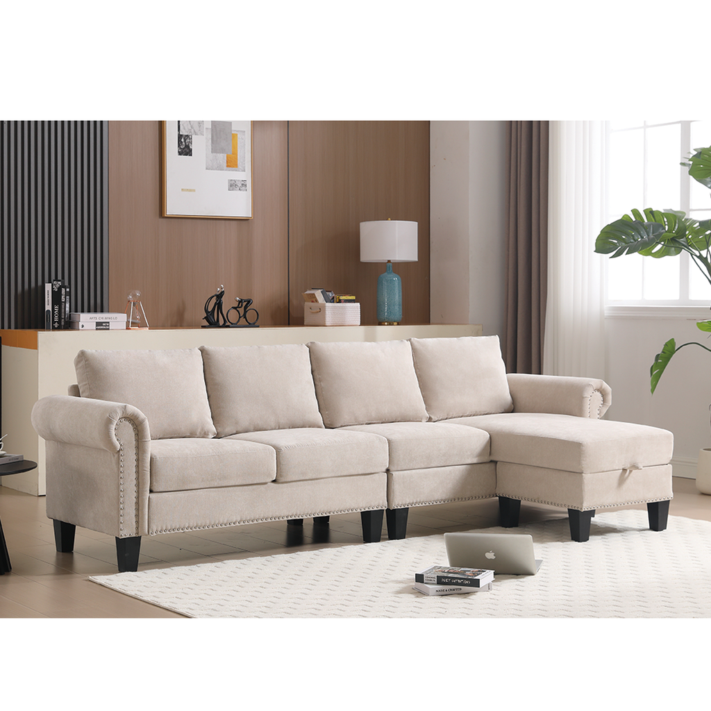 4-Seater L-Shaped Sectional Sofa with Storage – Beige
