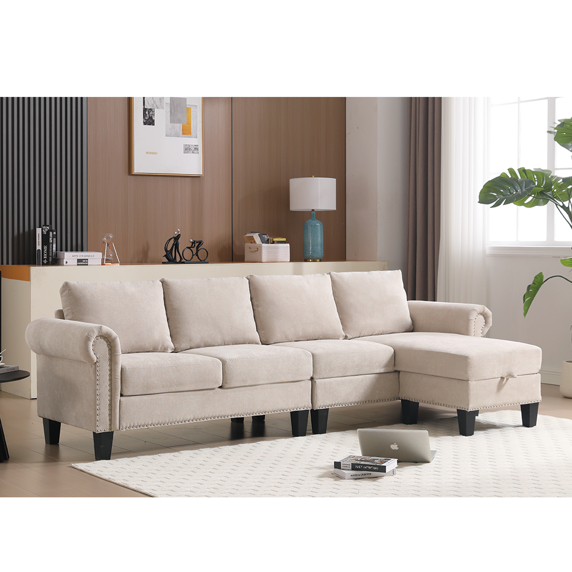 4-Seater L-Shaped Sectional Sofa with Storage – Beige
