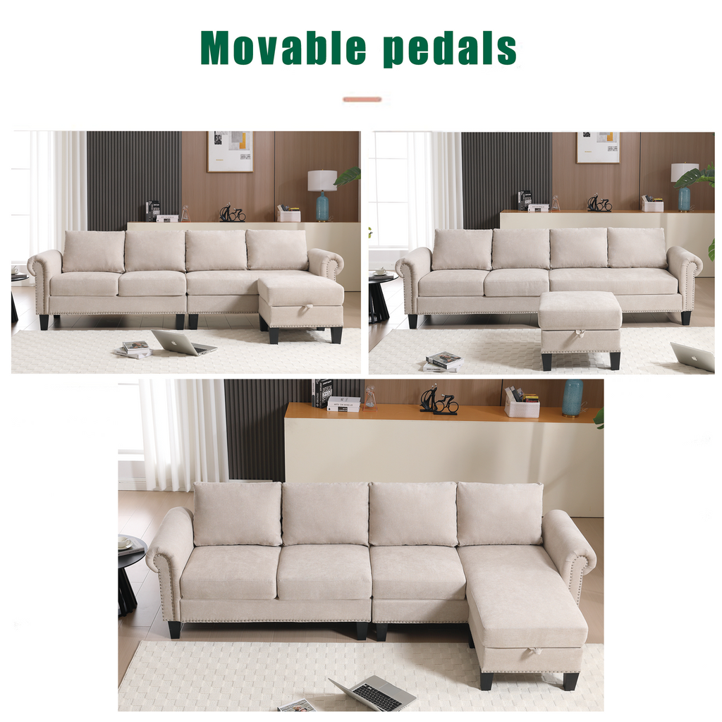 4-Seater L-Shaped Sectional Sofa with Storage – Beige
