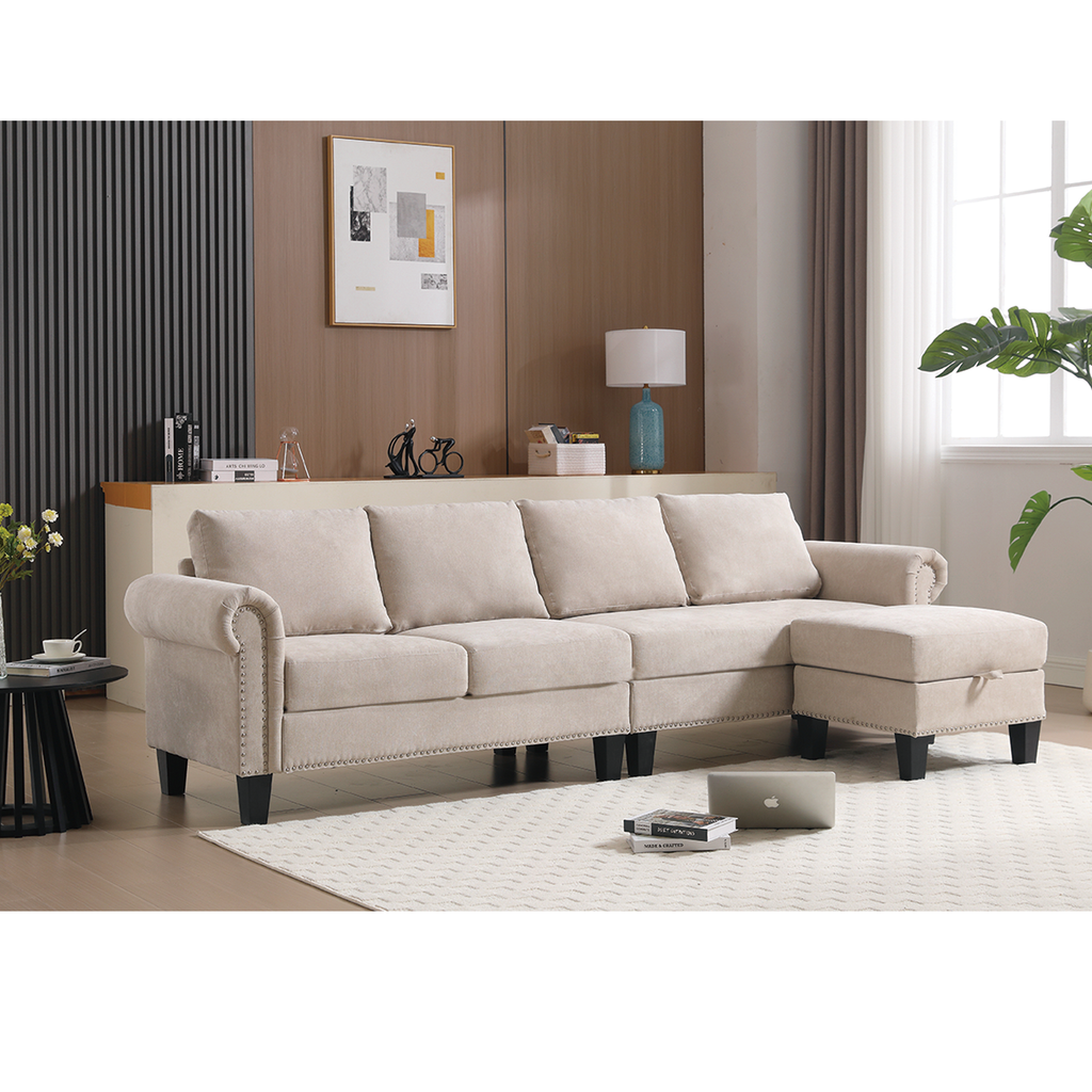 4-Seater L-Shaped Sectional Sofa with Storage – Beige