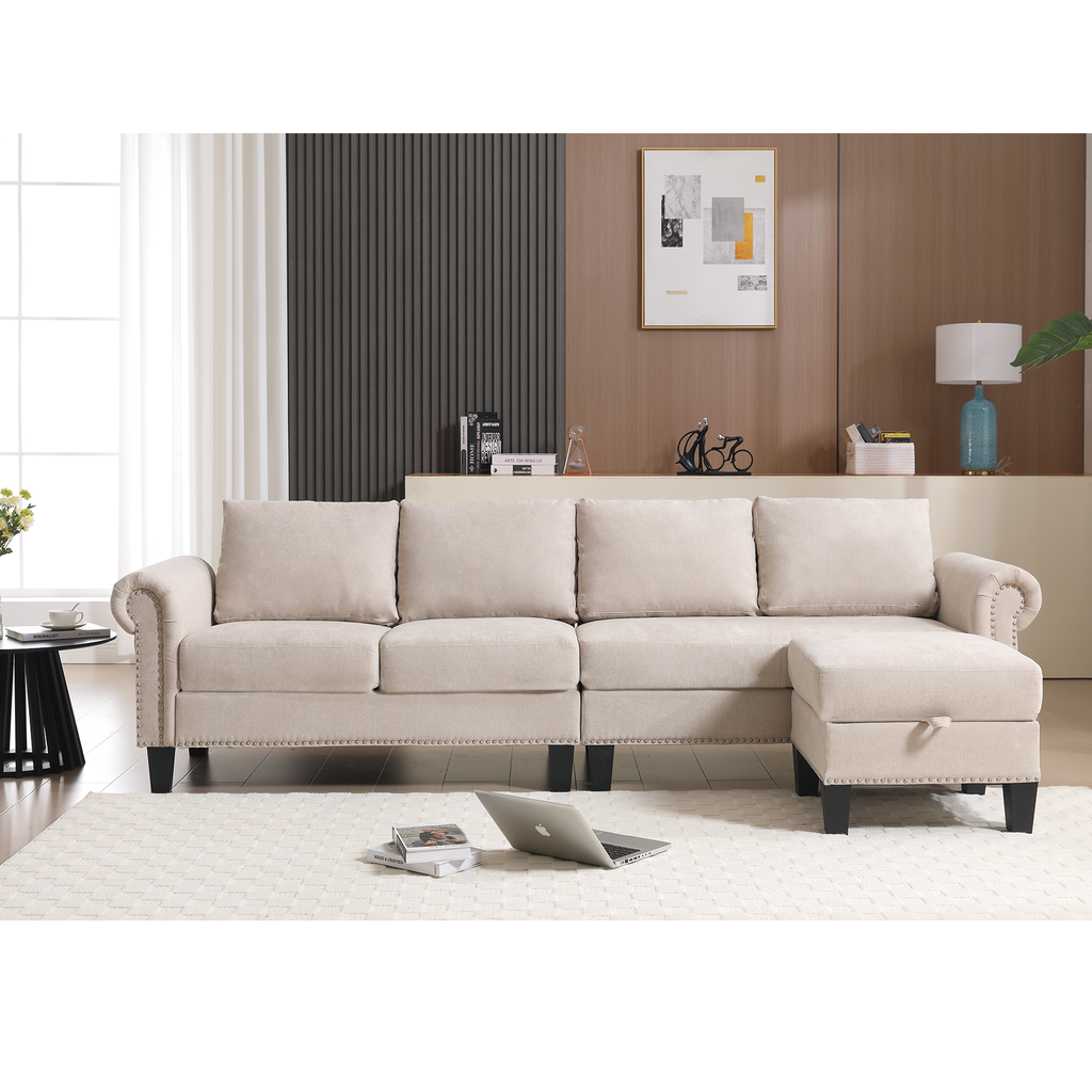 4-Seater L-Shaped Sectional Sofa with Storage – Beige