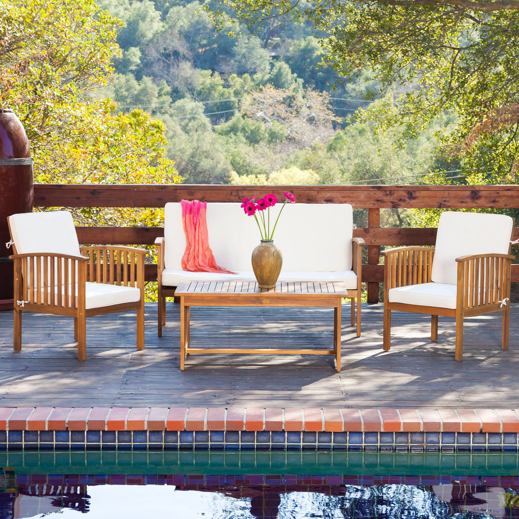 4-Piece Outdoor Pool Set – Table, 2 Chairs & Loveseat | Acacia Wood