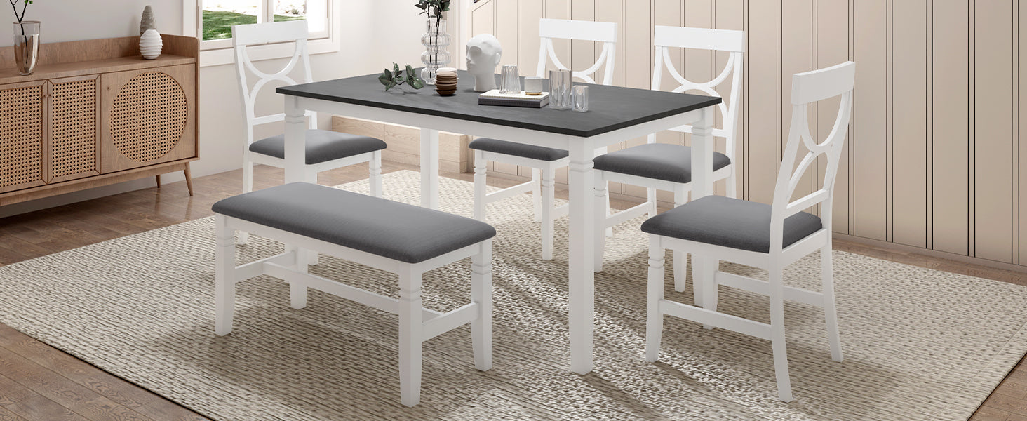 6-Piece Farmhouse Dining Table Set – Gray & White
