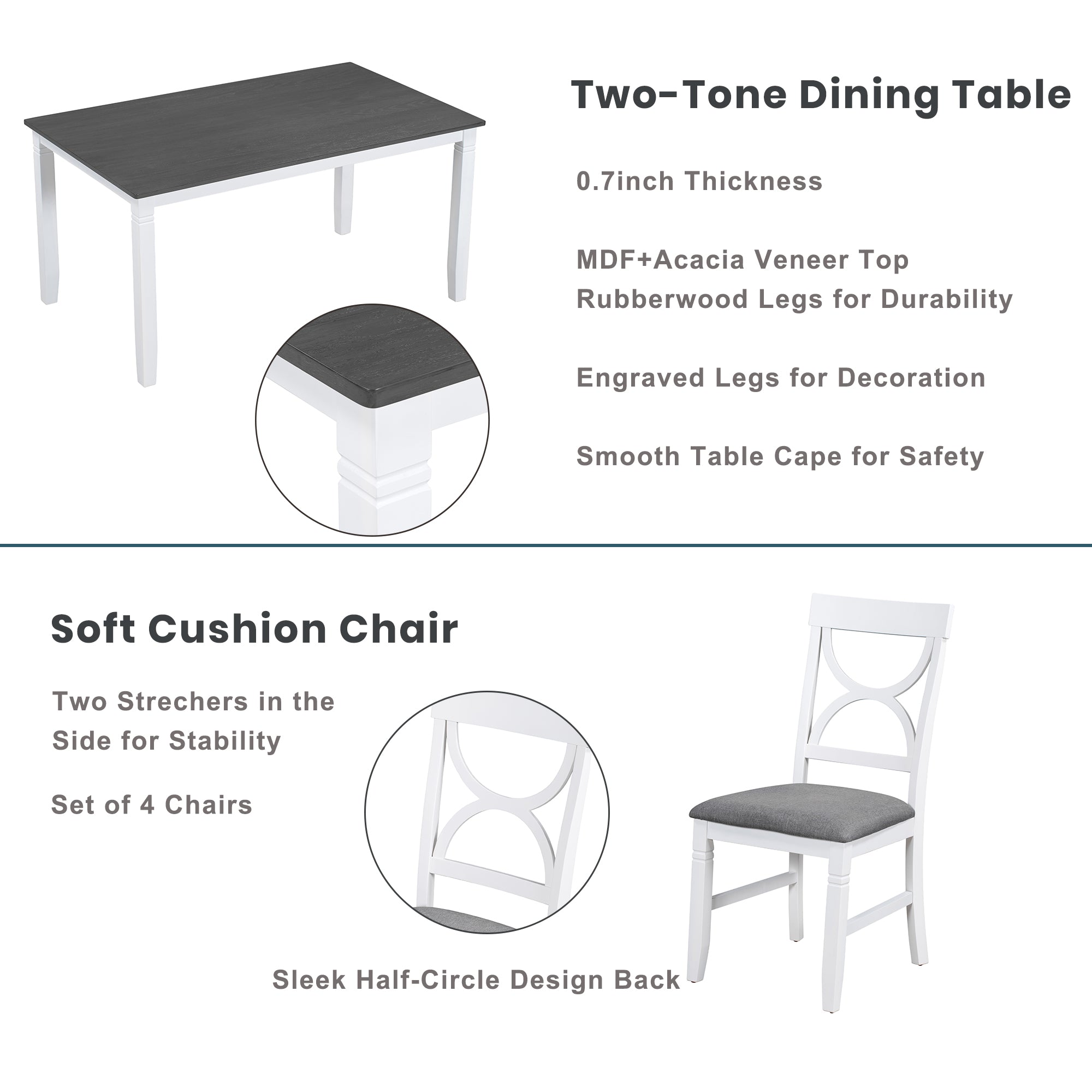 6-Piece Farmhouse Dining Table Set – Gray & White