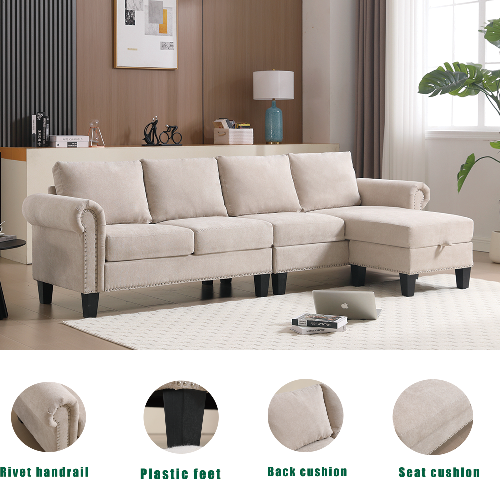 4-Seater L-Shaped Sectional Sofa with Storage – Beige