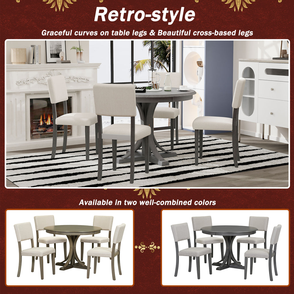 5-Piece Retro Round Dining Table Set – Dark Gray