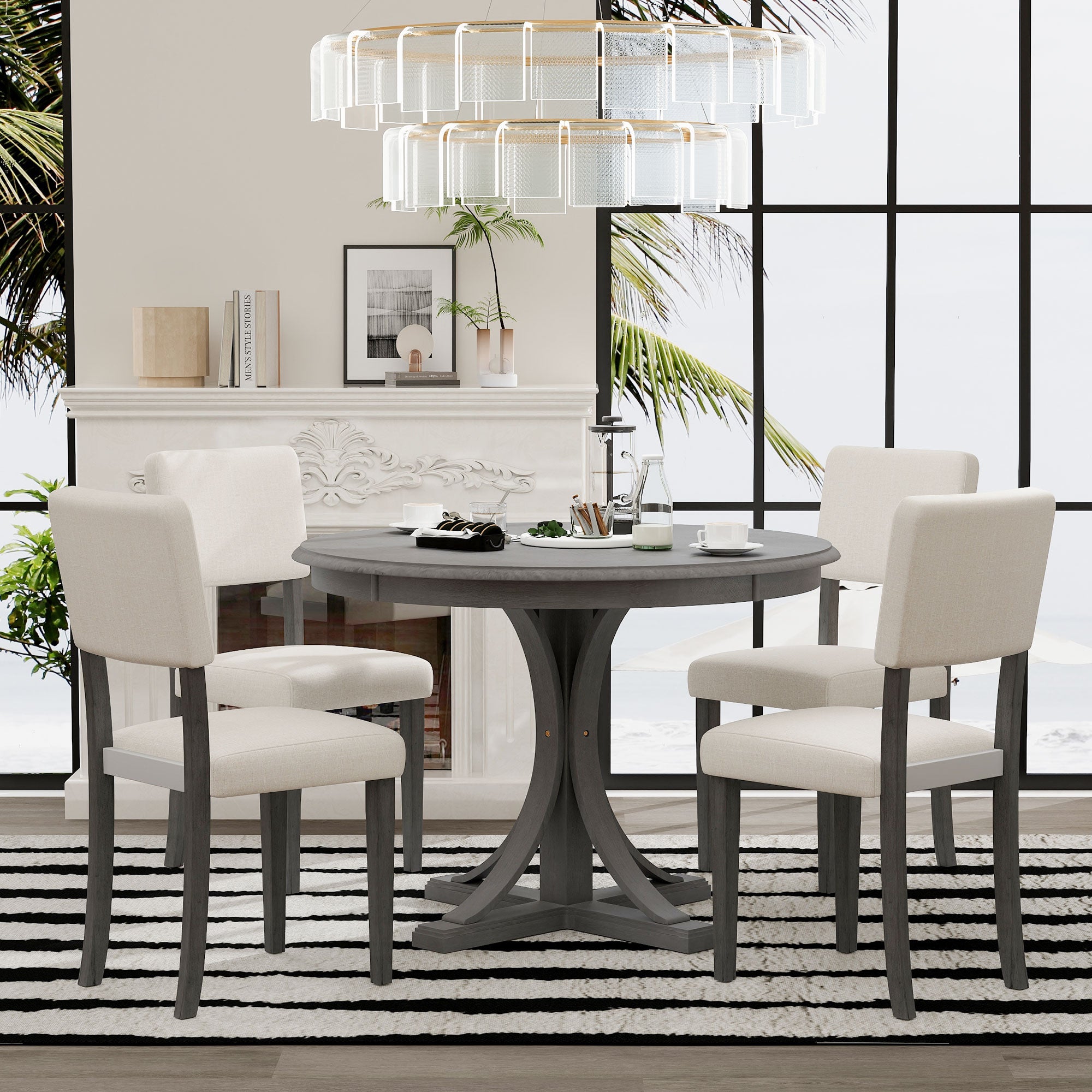 5-Piece Retro Round Dining Table Set – Dark Gray