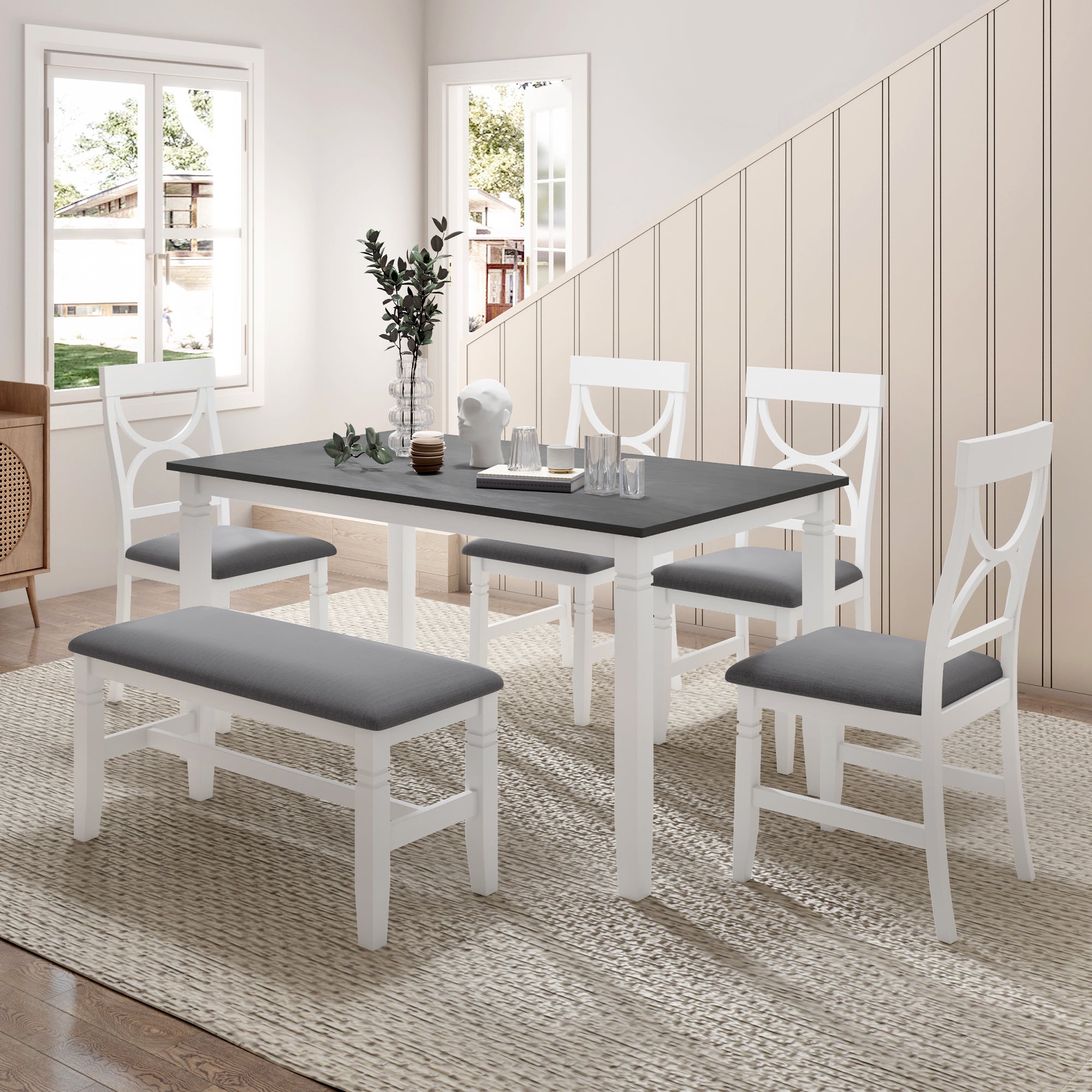 6-Piece Farmhouse Dining Table Set – Gray & White