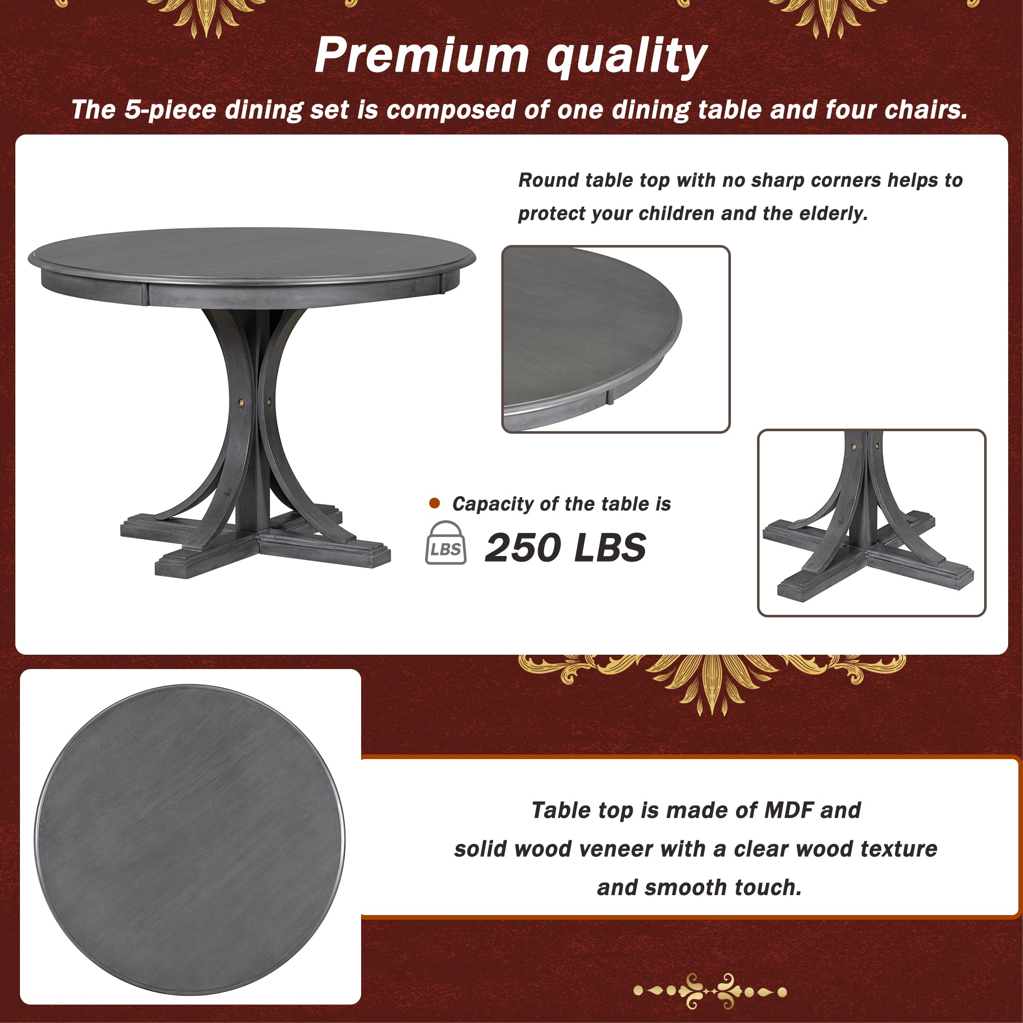 5-Piece Retro Round Dining Table Set – Dark Gray