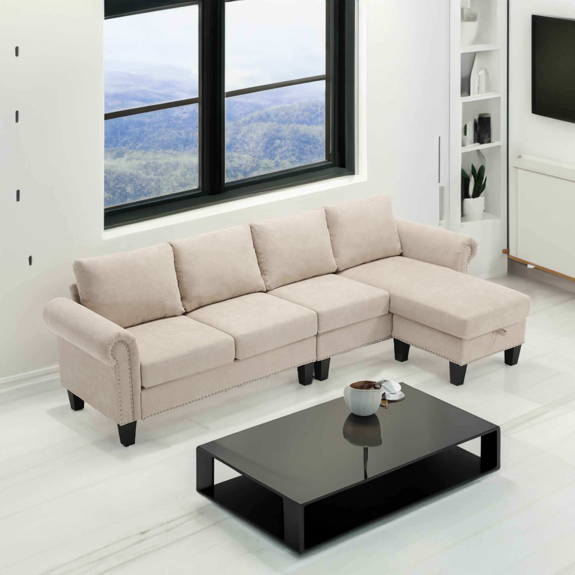 4-Seater L-Shaped Sectional Sofa with Storage – Beige