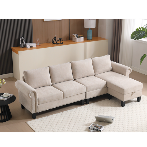 4-Seater L-Shaped Sectional Sofa with Storage – Beige