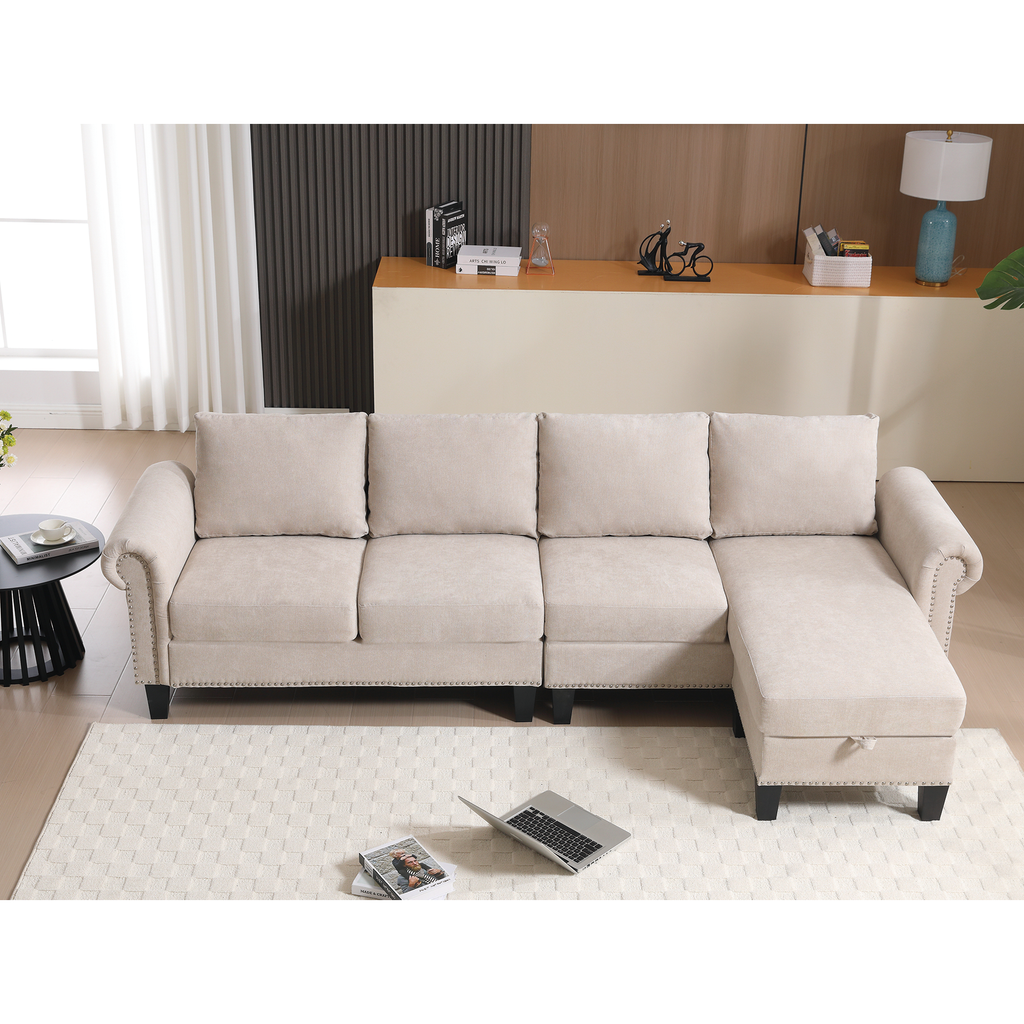 4-Seater L-Shaped Sectional Sofa with Storage – Beige