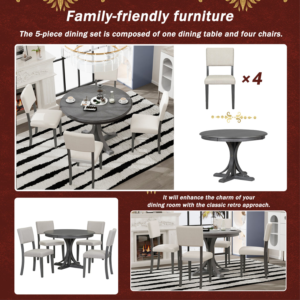 5-Piece Retro Round Dining Table Set – Dark Gray