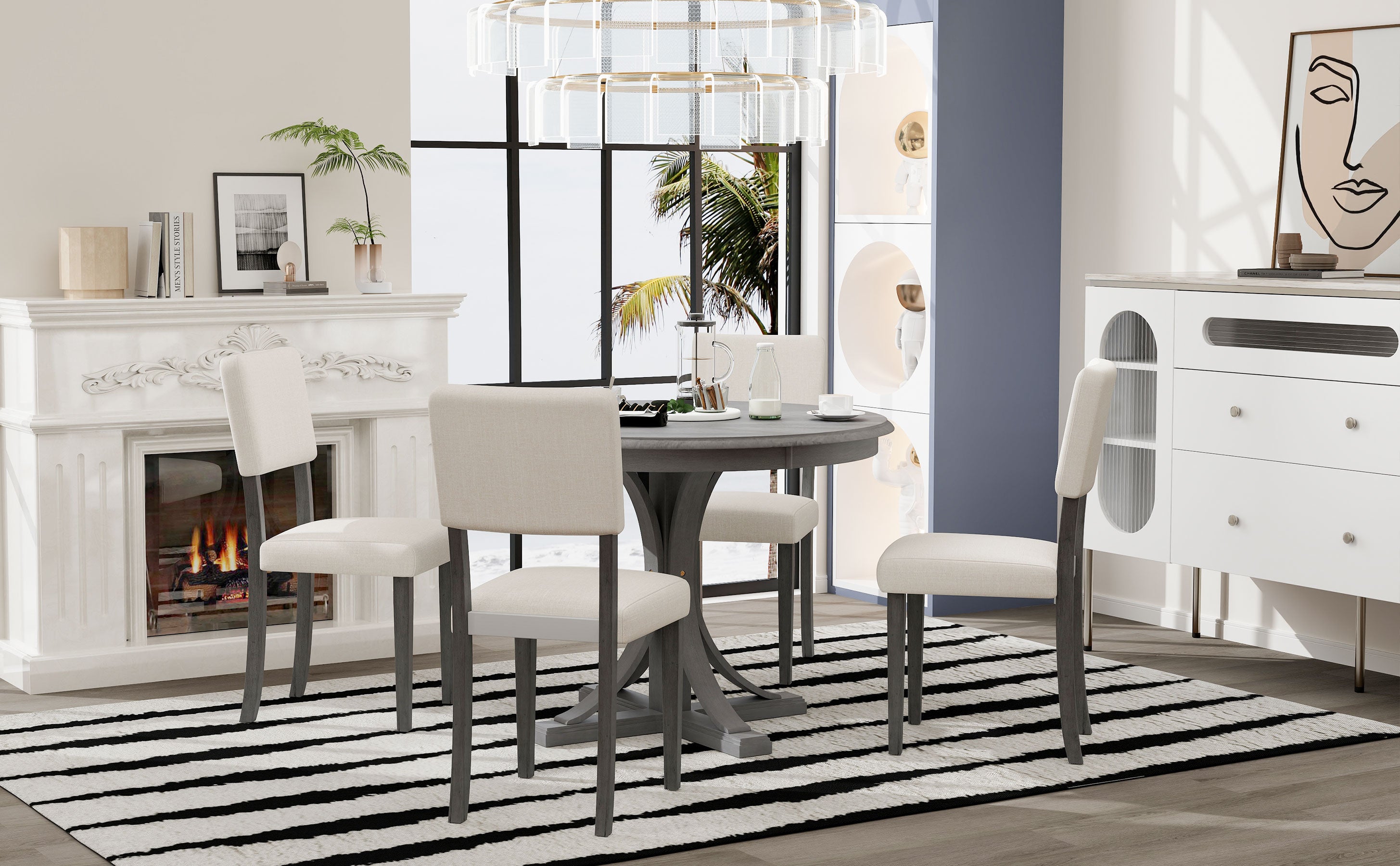 5-Piece Retro Round Dining Table Set – Dark Gray