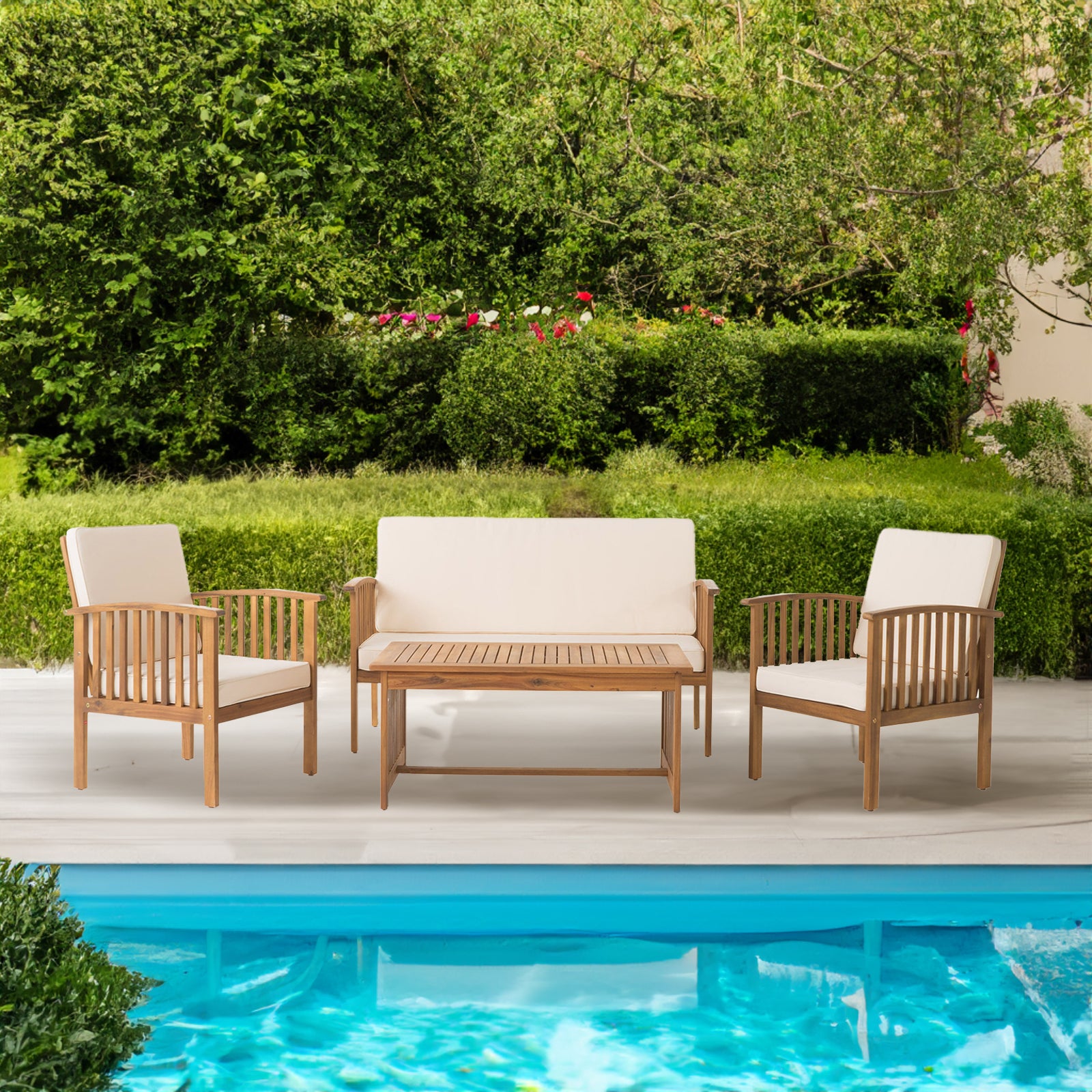4-Piece Outdoor Pool Set – Table, 2 Chairs & Loveseat | Acacia Wood