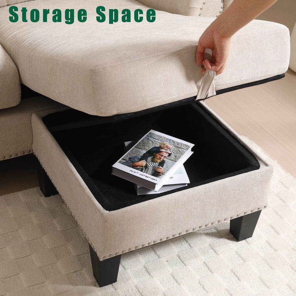 4-Seater L-Shaped Sectional Sofa with Storage – Beige